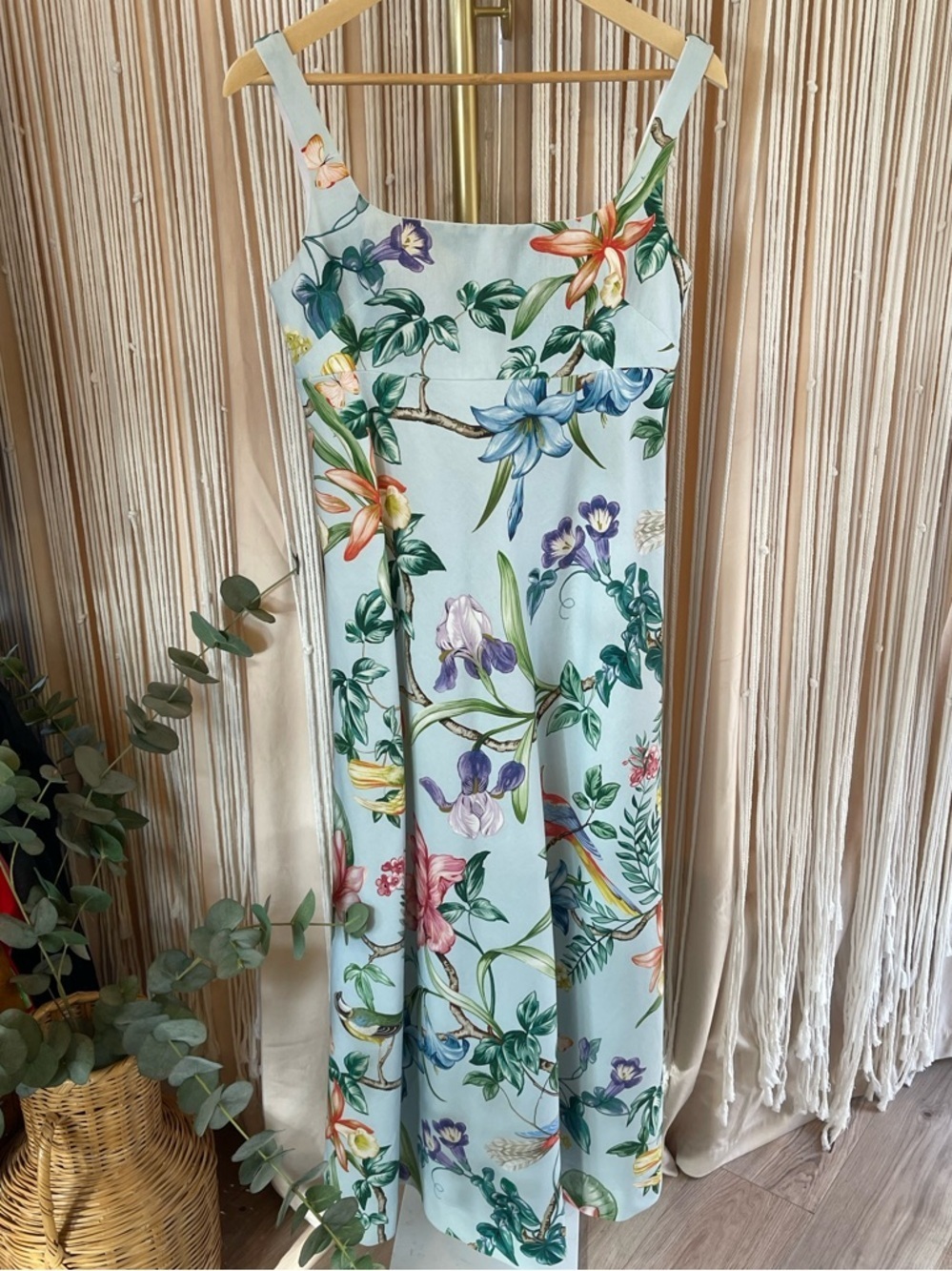 Handmade Tapestry Maxi Dress Blue Floral Bird Butterfly Pockets Cottagecore S/M